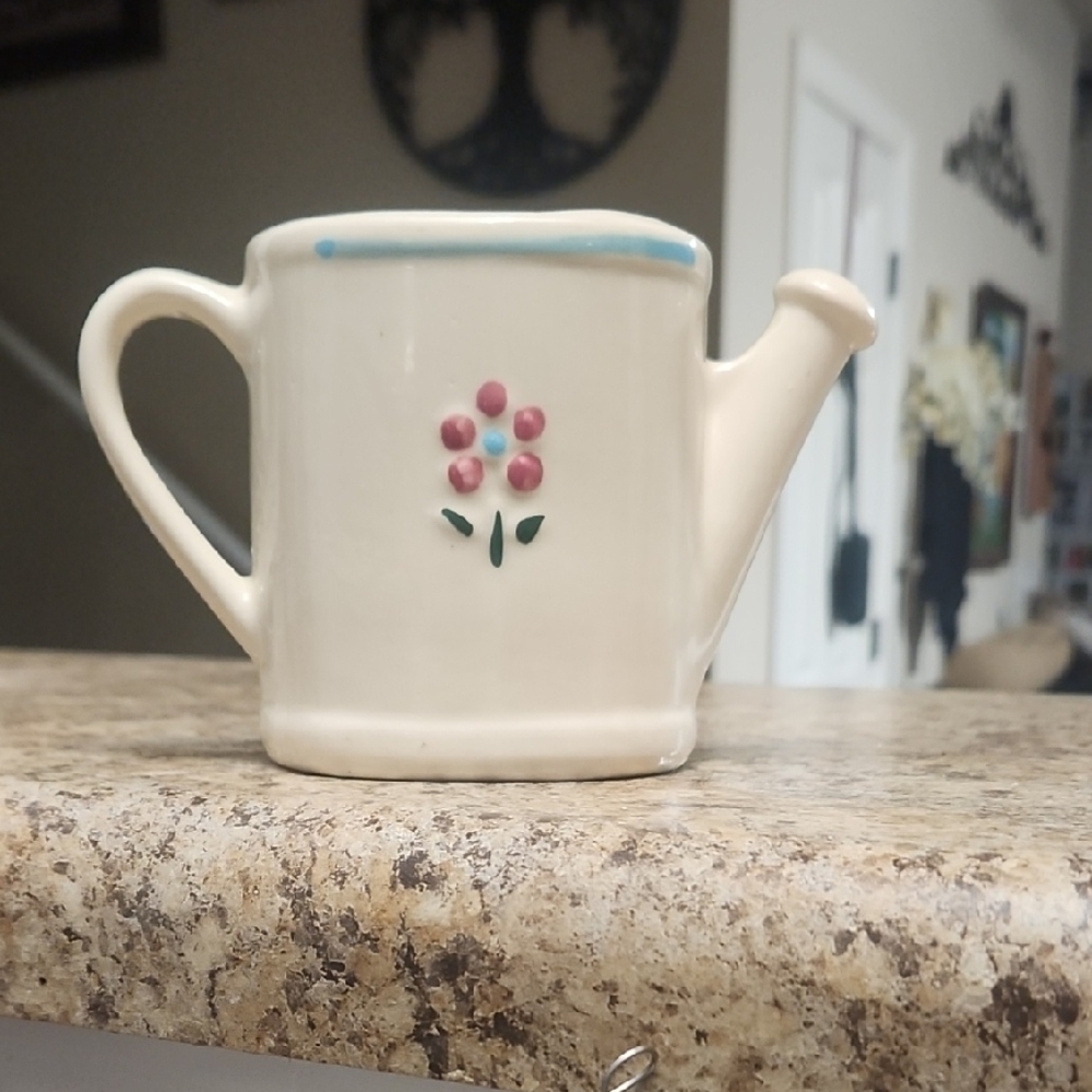 Floral Cream Watering Can Is (Vtg) Added A Ceramic Type. Flower On Stand 2 Piece - Picture 3 of 8